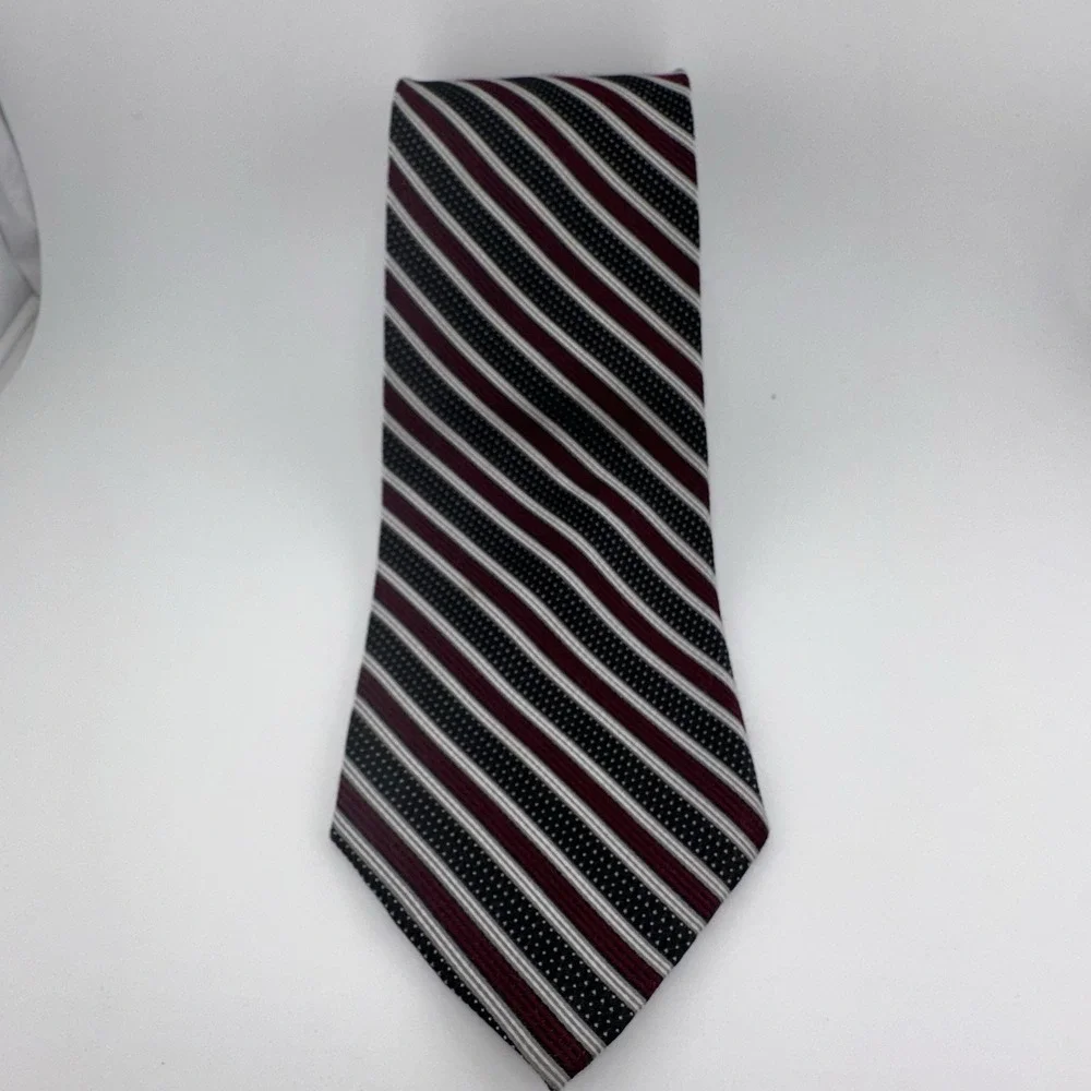 Roberto Villini Collezione Silk Tie Black Burgundy White Striped Handmade Italy